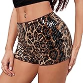 Ammiko Women's Cheetah Print Micro Shorts Sequin Leopard Shorts Low Rise Y2k Sexy Short Mini Rave Booty Club Outfits