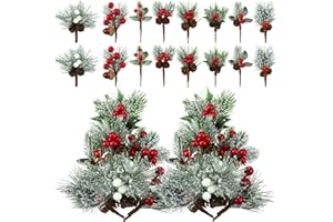 PANELEE 48 Pcs Christmas Picks and Sprays Christmas Tree Floral Picks Holly Red Berry Stem Spray Greenery for Craft Artificial Faux Pine Branches Cone Branches for Tree Home Decor Garland Wreath (Lovely)