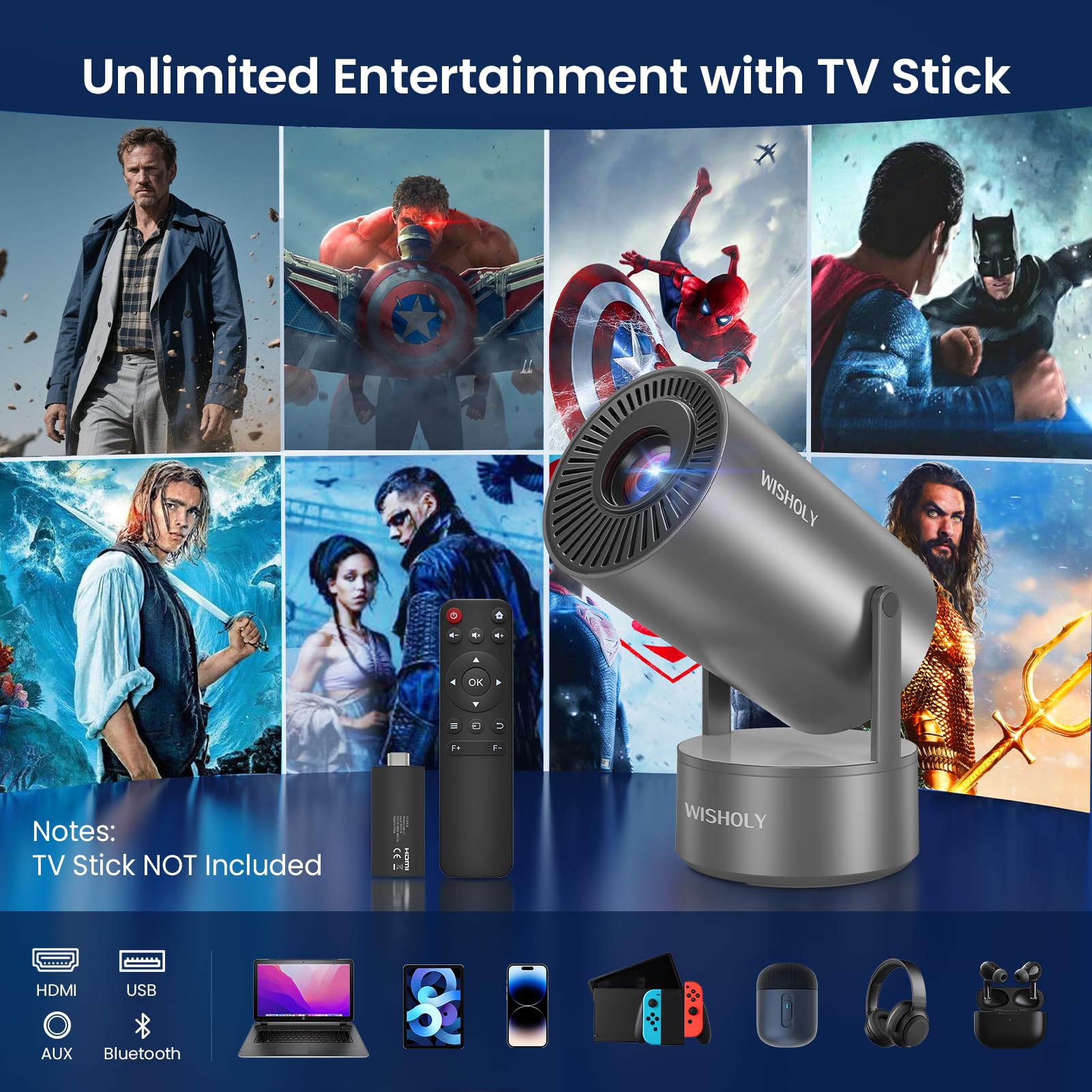 Projector with WiFi and Bluetooth, Mini Portable Projector with Built-in Rechargeable Battery for Outdoor, 1080P Supported, Electric Focus & Auto Keystone, Home Theater with 210° Mount