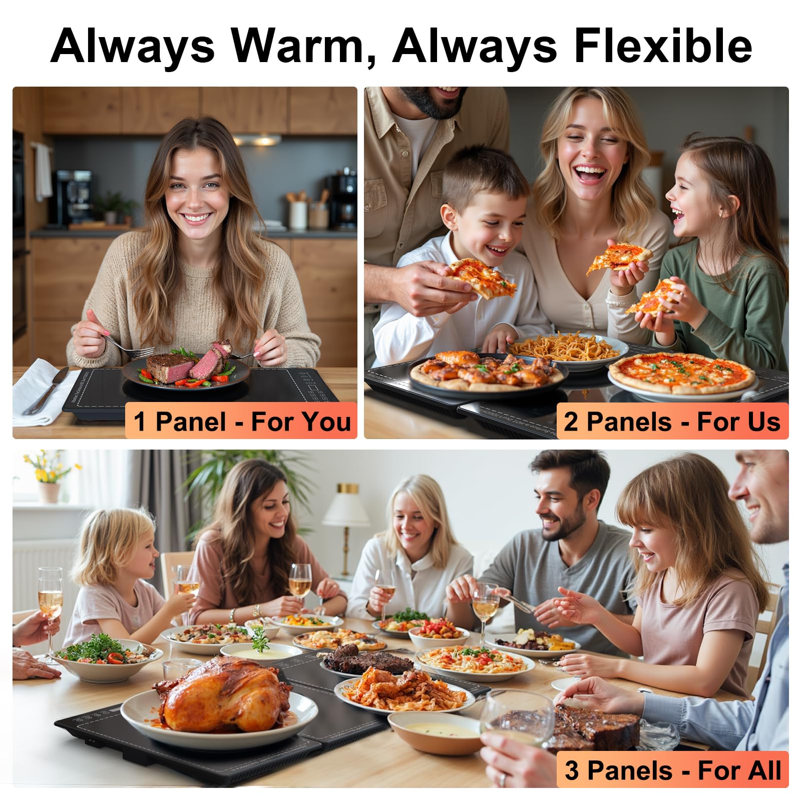 Warming Trays for Buffets Party to Keep Food Warm, 3-in-1 Modular Electric Food Warmers w/ 10 Heat Settings and 12H Timer, Tempered Glass Surface Warming Mat for Food, Catering, Gatherings