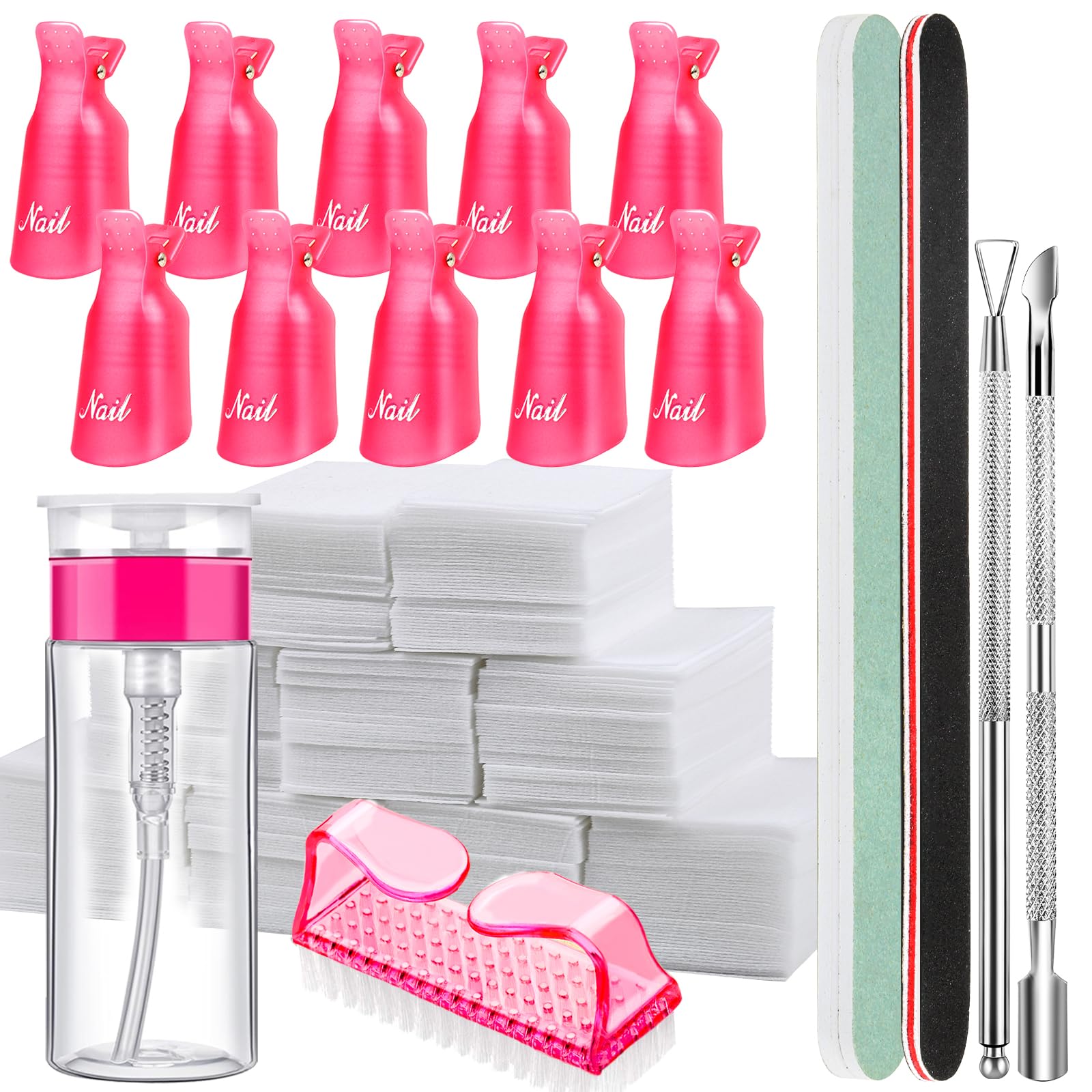 FANDAMEI Gel Nail Polish Remover Tool Kit - Gel Nail Remover Clips with Pump Bottle Dispenser & 500pcs Lint Free Nail Wipes, Acrylic Nail Remover Kit with Cuticle Pusher Nail Clips, Pink