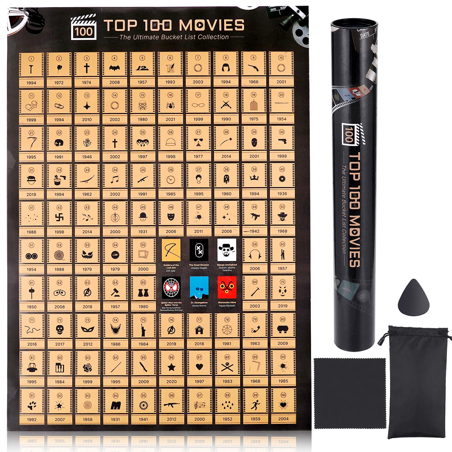 Tpudn Top 100 Movies Scratch Off Poster, A2 Size Movie Posters, Must See Movie Challenge with Scratcher Included & Gift Tube, Gift for Movie Lovers - Ideal for Anniversary, Christmas etc