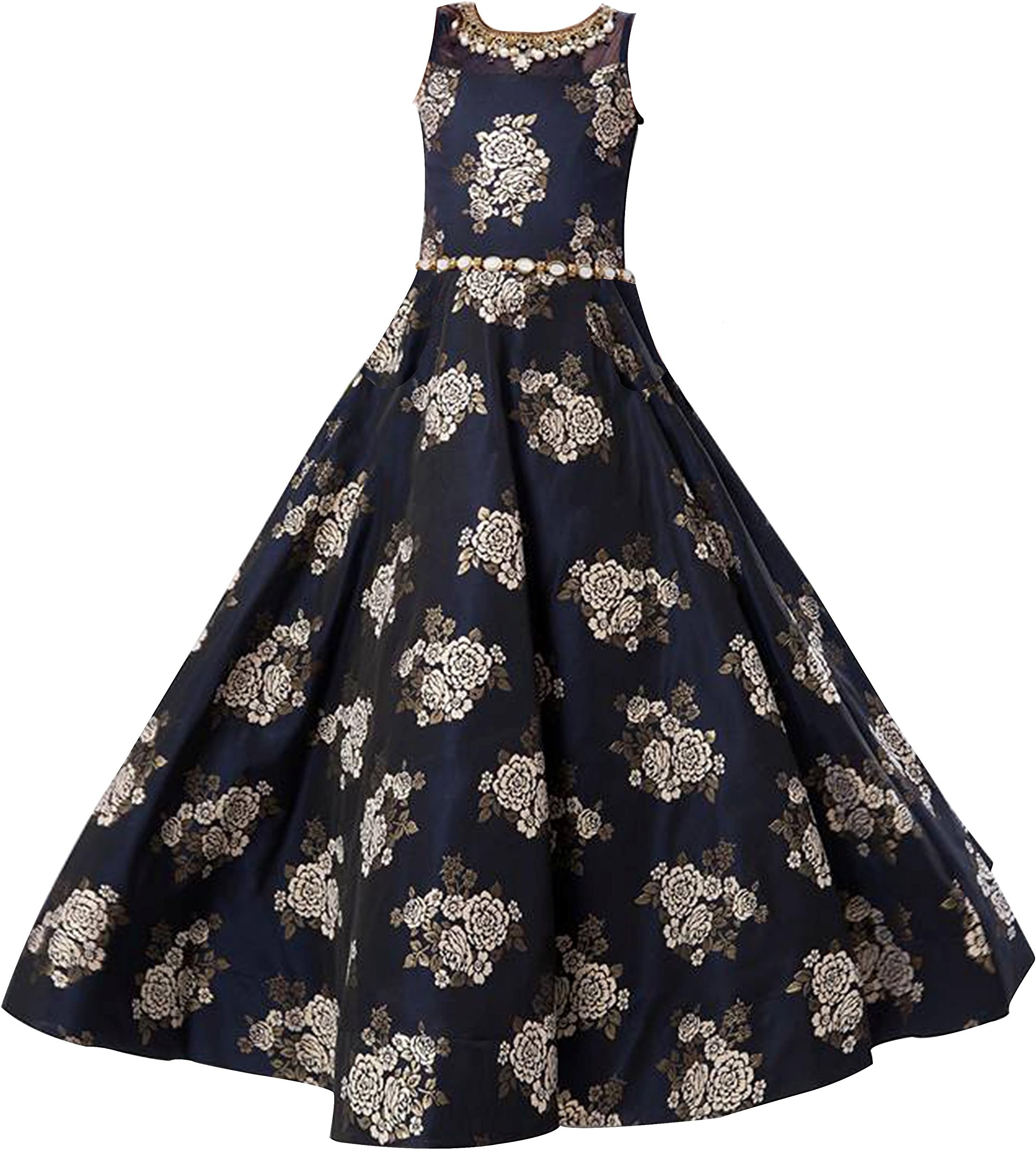 Cartyshop New Navy Blue Flower Fusioning Jacquard N Belt Gown for Girls