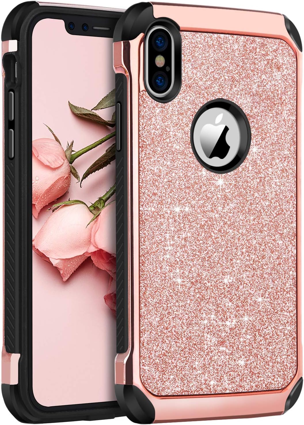 BENTOBEN iPhone X/10 Case, iPhone Xs (2018) Shockproof Glitter Sparkle Bling Girl Women 2 in 1 Shiny Faux Leather Hard PC Soft Bumper Protective Phone Cover for Apple iPhone X/XS 5.8", Rose Gold/Pink