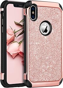 BENTOBEN iPhone X/10 Case, iPhone Xs (2018) Shockproof Glitter Sparkle Bling Girl Women 2 in 1 Shiny Faux Leather Hard PC Soft Bumper Protective Phone Cover for Apple iPhone X/XS 5.8", Rose Gold/Pink