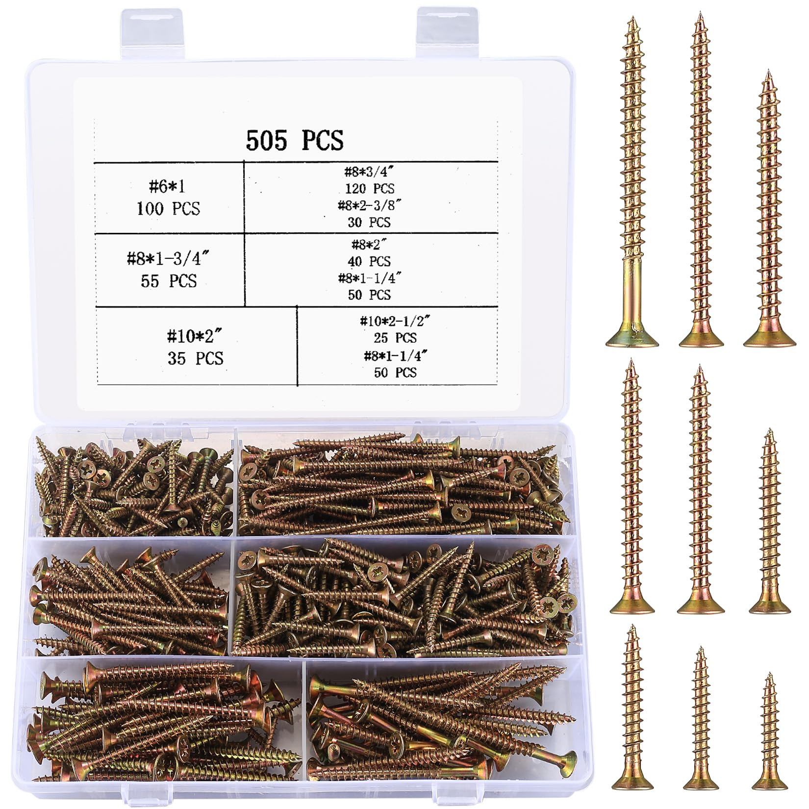 505 Pcs Screws for Wood Screws, Self Tapping Screws Assortment Kit, Cross Flat Head Countersunk Chipboard Machine Drywall Concrete Screws, Zinc-Plated Pozi Drive Head Wood Screw Set (505Pcs)