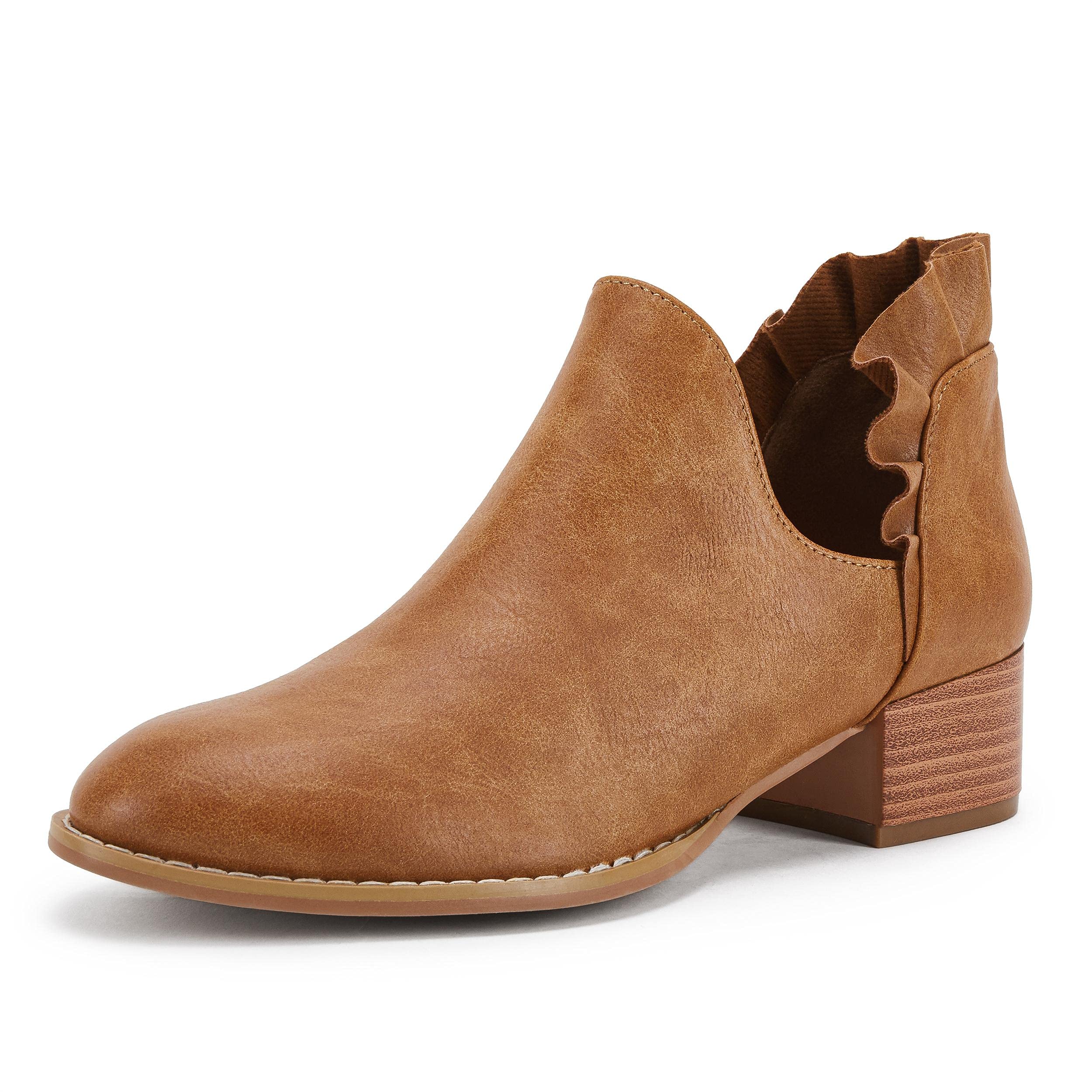 Photo 1 of FISACE Womens Ruffled Ankle Boots V Cut Out Pointed Toe Chunky Low Heel Dressy Western Booties Brown