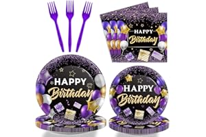 Wiooffen 96 Pcs Purple Birthday Party Plates Napkins Tableware Set - Purple and Black Happy Birthday Party Supplies Disposable Dinnerware for 24 Guests
