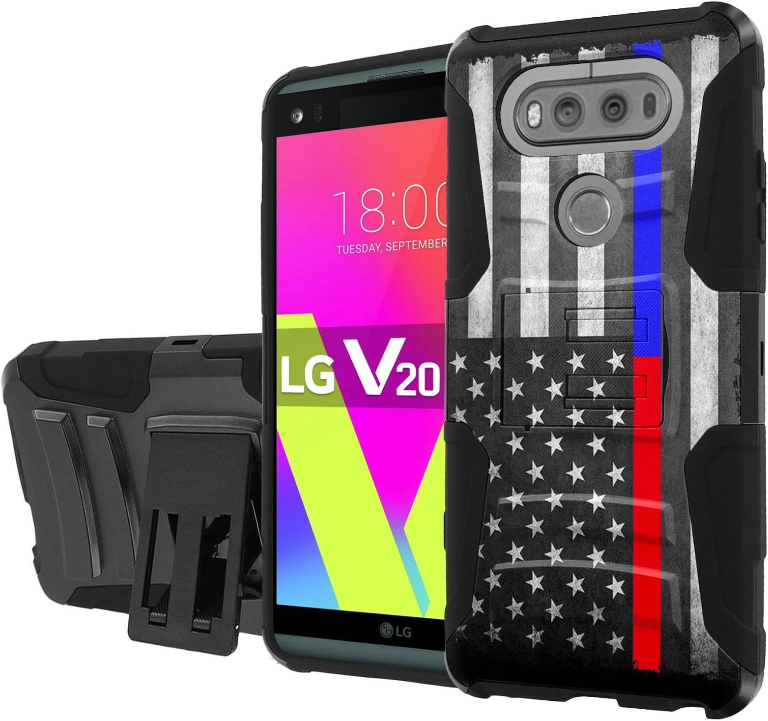[LG V20] Armor Case [SlickCandy] [Black/Black] Heavy Duty Defender [Holster] [Kick Stand] - [Fire Police Red Blue Line] for [LG V20]