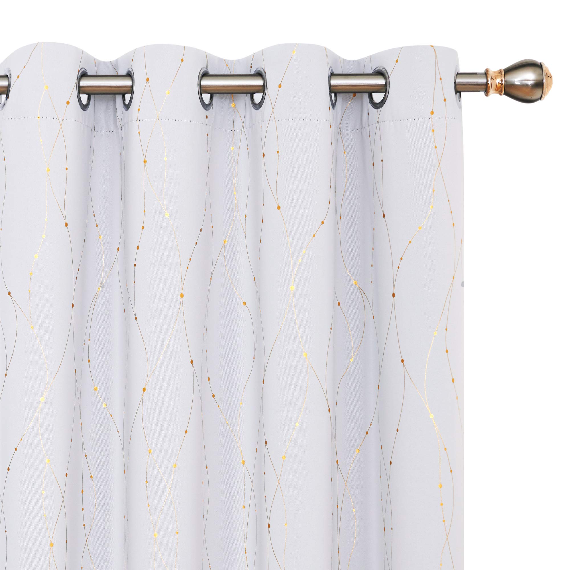 Deconovo Set of 2 Thermal Insulated Blackout Curtains for Living Room, Noise and Heat, Golden Lines and Dots with Eyelets, Bedroom Curtains, 140 x 183 cm, Pearl Grey