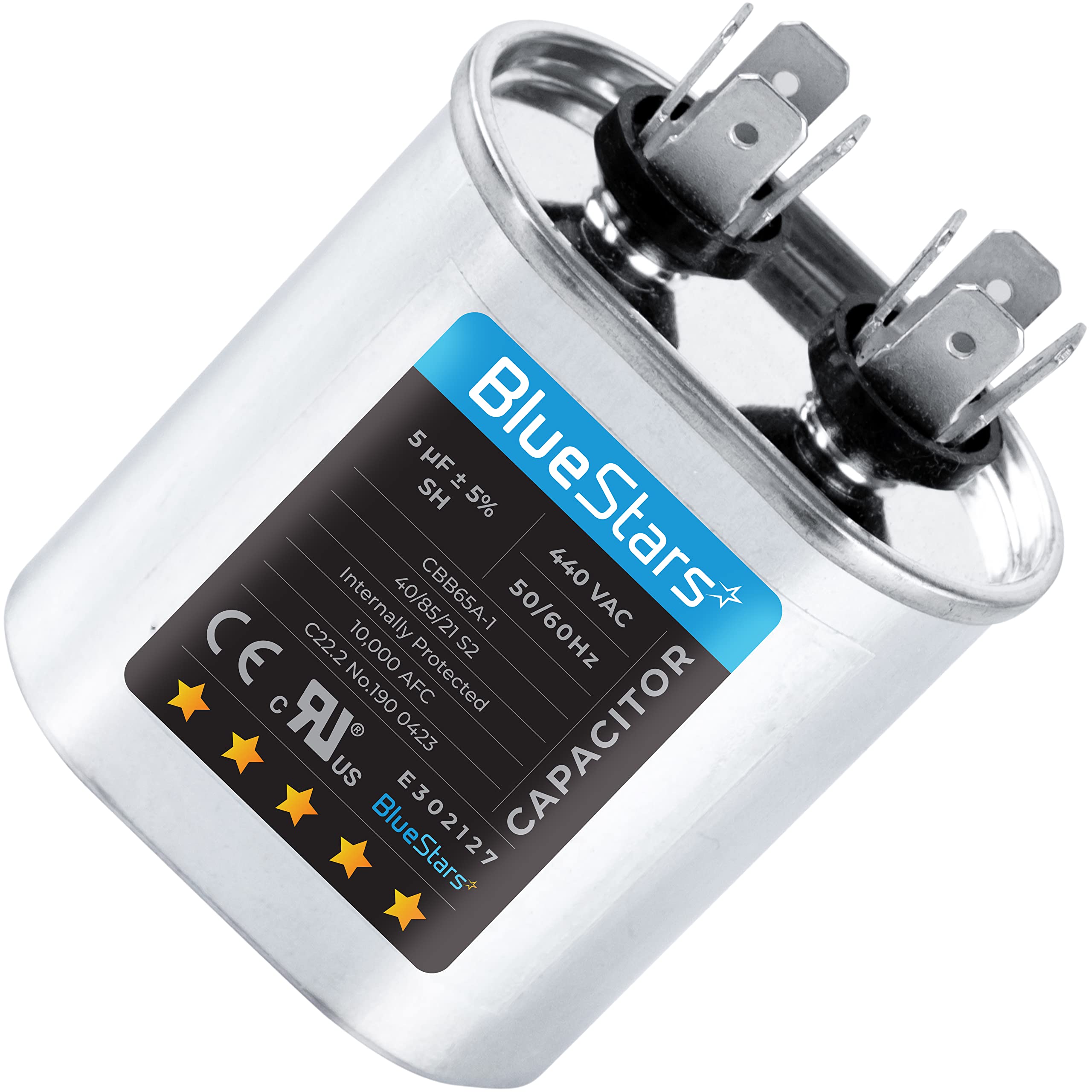 Photo 1 of [2025 Upgraded] BlueStars 5 uF MFD ±5% 370-440VAC Oval Run Start Capacitor Replacement Part - for AC Motor Run or Fan Start and Cool or Heat Pump Air Conditioner - Replaces 97F5705 Z97F5705 97F95702