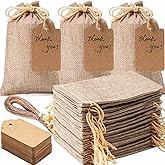 Homum 100 PCS Burlap Gift Bags with Drawstring and Gift Tags & String, 4x6 Inch Party Favor Burlap Bags Linen Jewelry Pouches for Party, Wedding, Jewelry Pouches, Christmas, Festival, Coffee, DIY Craft