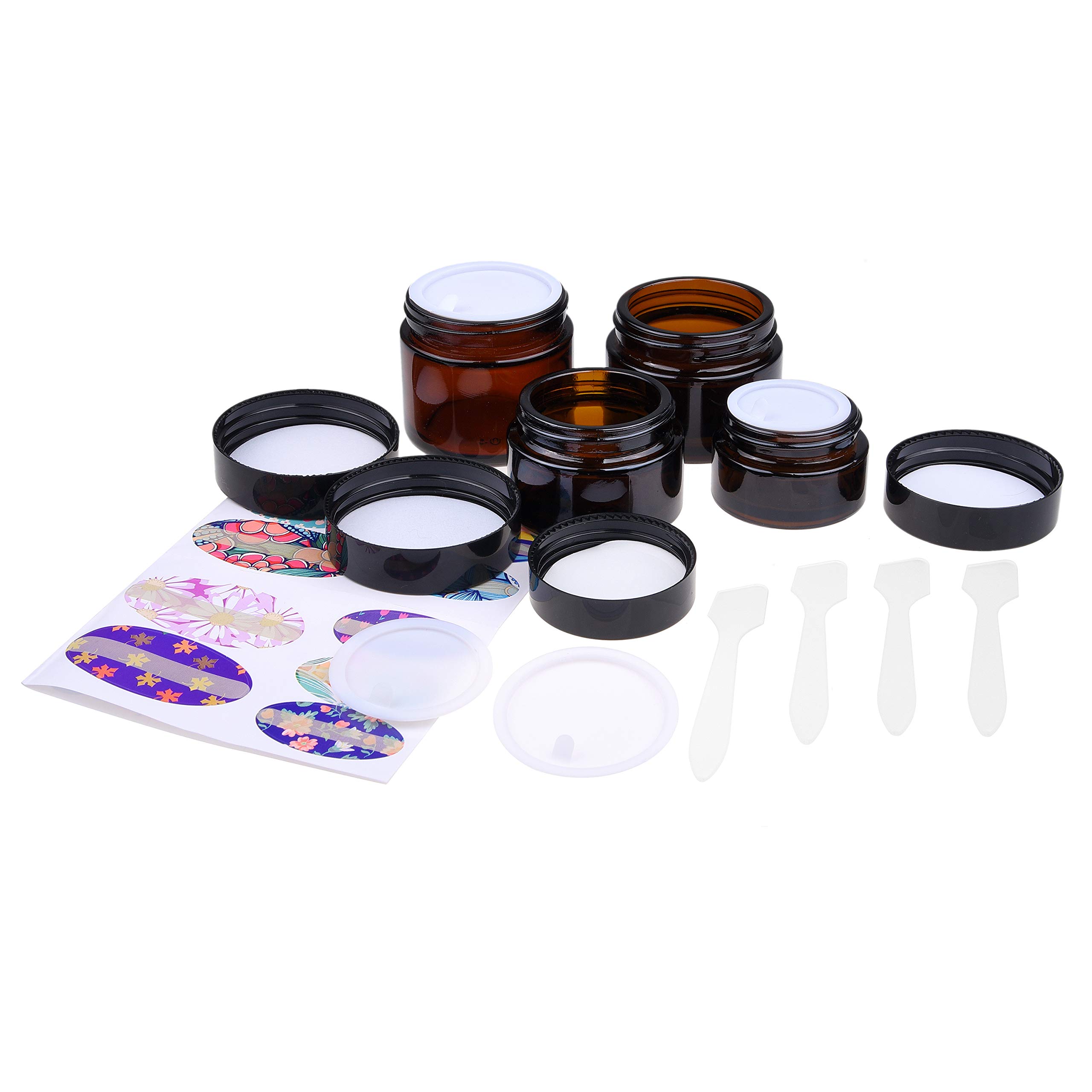 Kare & Kind Refillable Cosmetics Jars Kit - 4x Cosmetics Jars (Amber Glass), 4x Lids, 4x Inner Covers, 39x Labels + 4x Mini Spatula for Easy Filling - For Creams, Essential Oils, Powders, etc.
