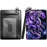 RWUTYTIUL Purple Cool Dragon Slim Minimalist Wallet with Lanyard Strap, PU Leather Front Pocket Wallet RFID Blocking Credit Card Holder Card Cases with ID Window for Man Woman Boy Girl