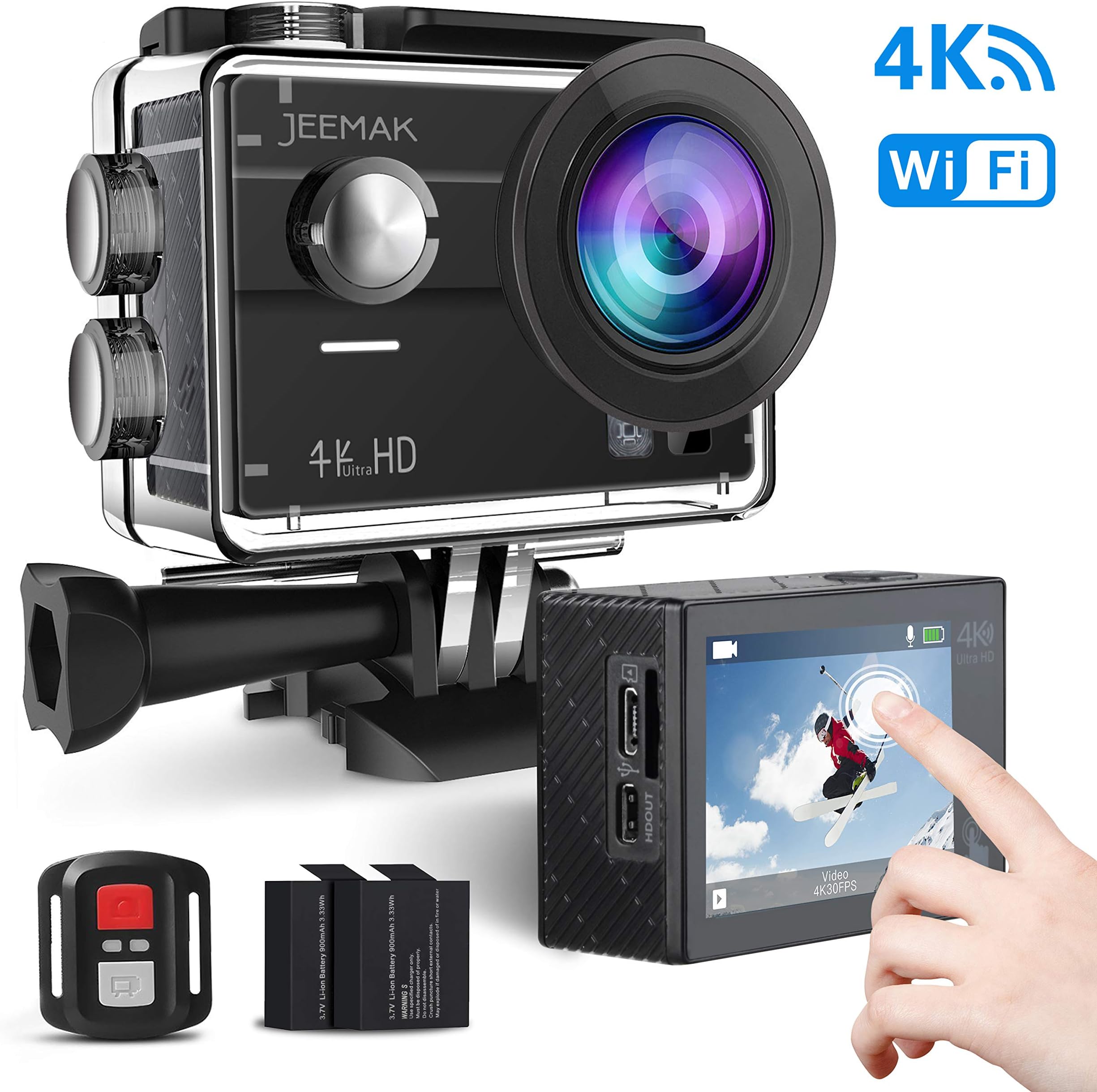 Action Camera 4K 16MP WiFi Touch Screen Underwater 30M with Remote Control IP68 Waterproof Case