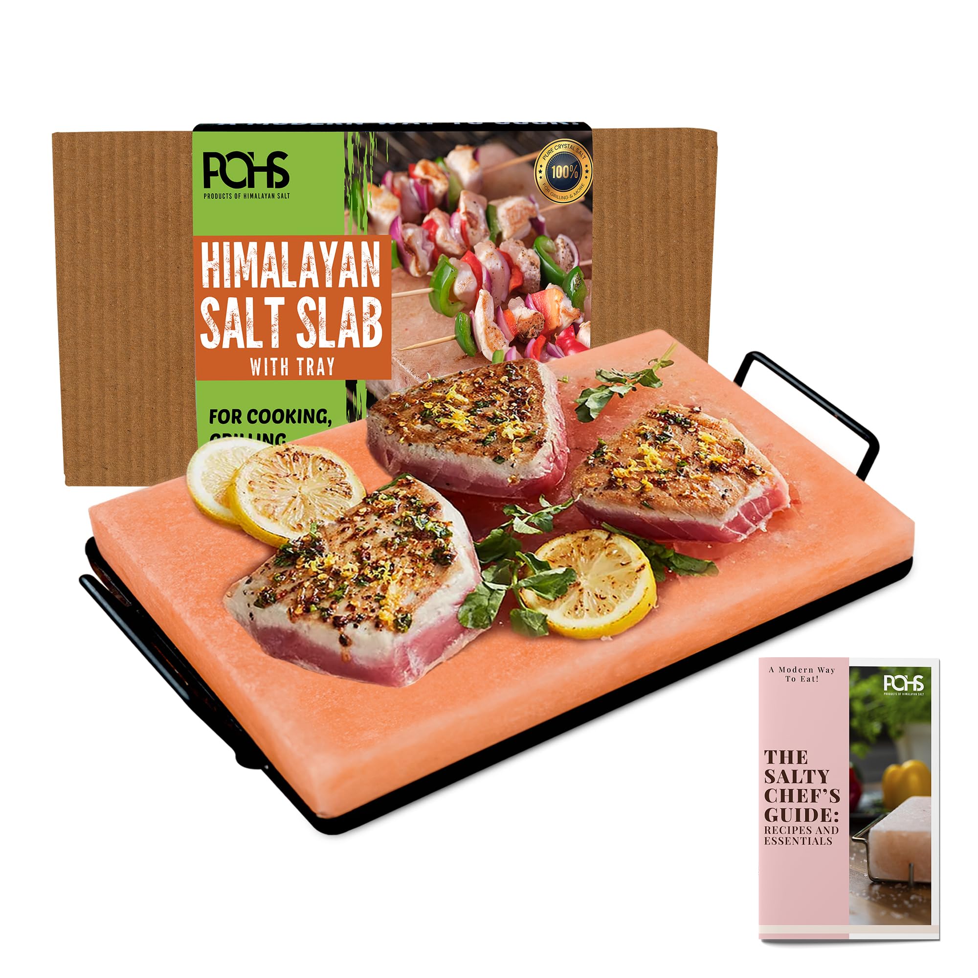 Photo 1 of Himalayan Salt Block Cooking Plate 12x8x1.5 for Cooking, Grilling, Cutting and Serving, with Metal Tray & Recipe Booklet Unique Gifts for Men, Women, Chefs & Cooks