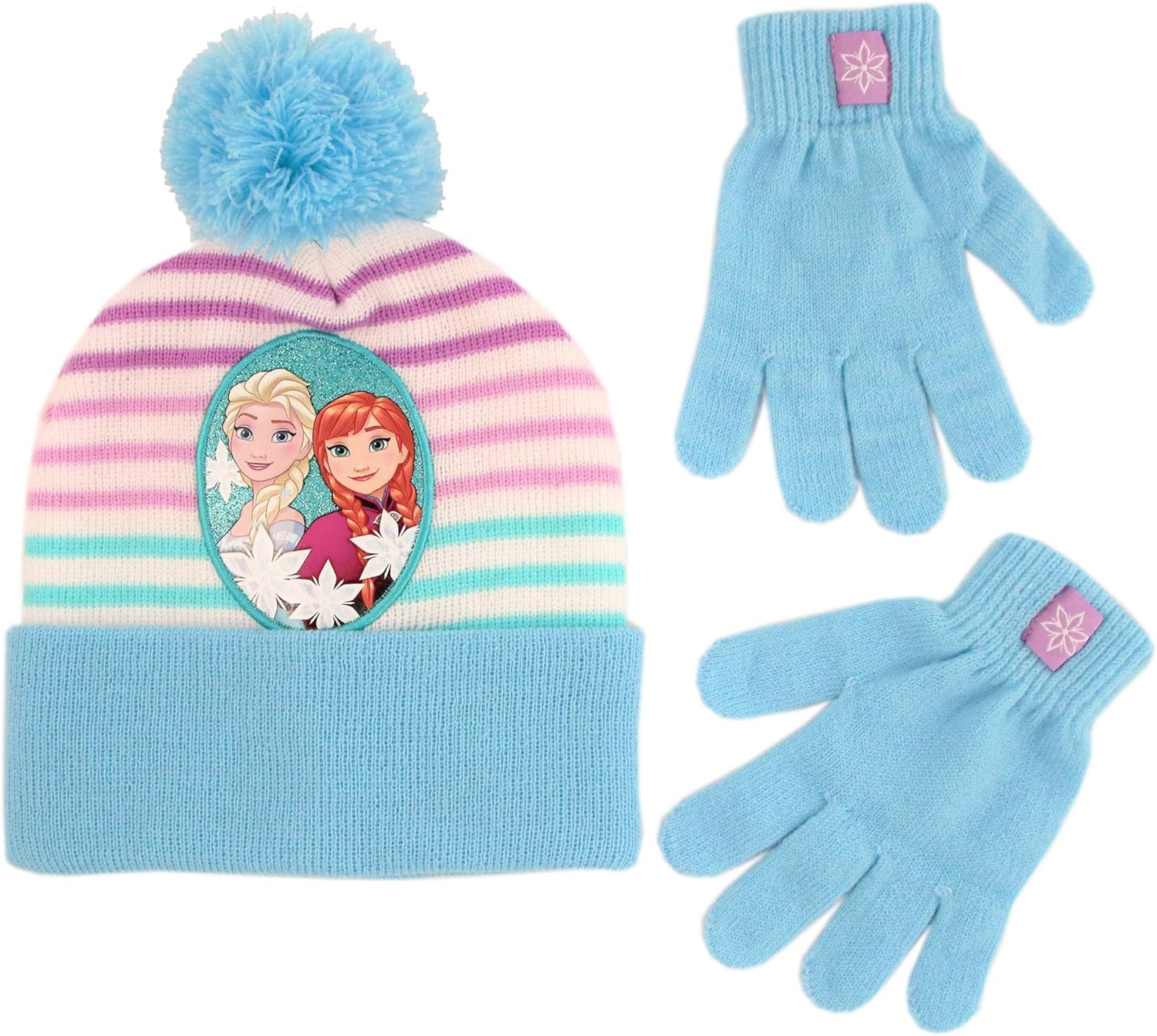 Disney Girls' Little Frozen Elsa and Anna Beanie Hat and Gloves Cold Weather Set, Blue/White, Age 4-7: Clothing
