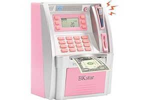 BKstar Kids Talking Pink ATM Piggy Bank with Debit Cards, Power-Off Memory, Auto-Opening Drawer for Real Money for Girls, Onekey Shutdown, Bill Feeder, Coin Recognition, Balance Calculator Machine