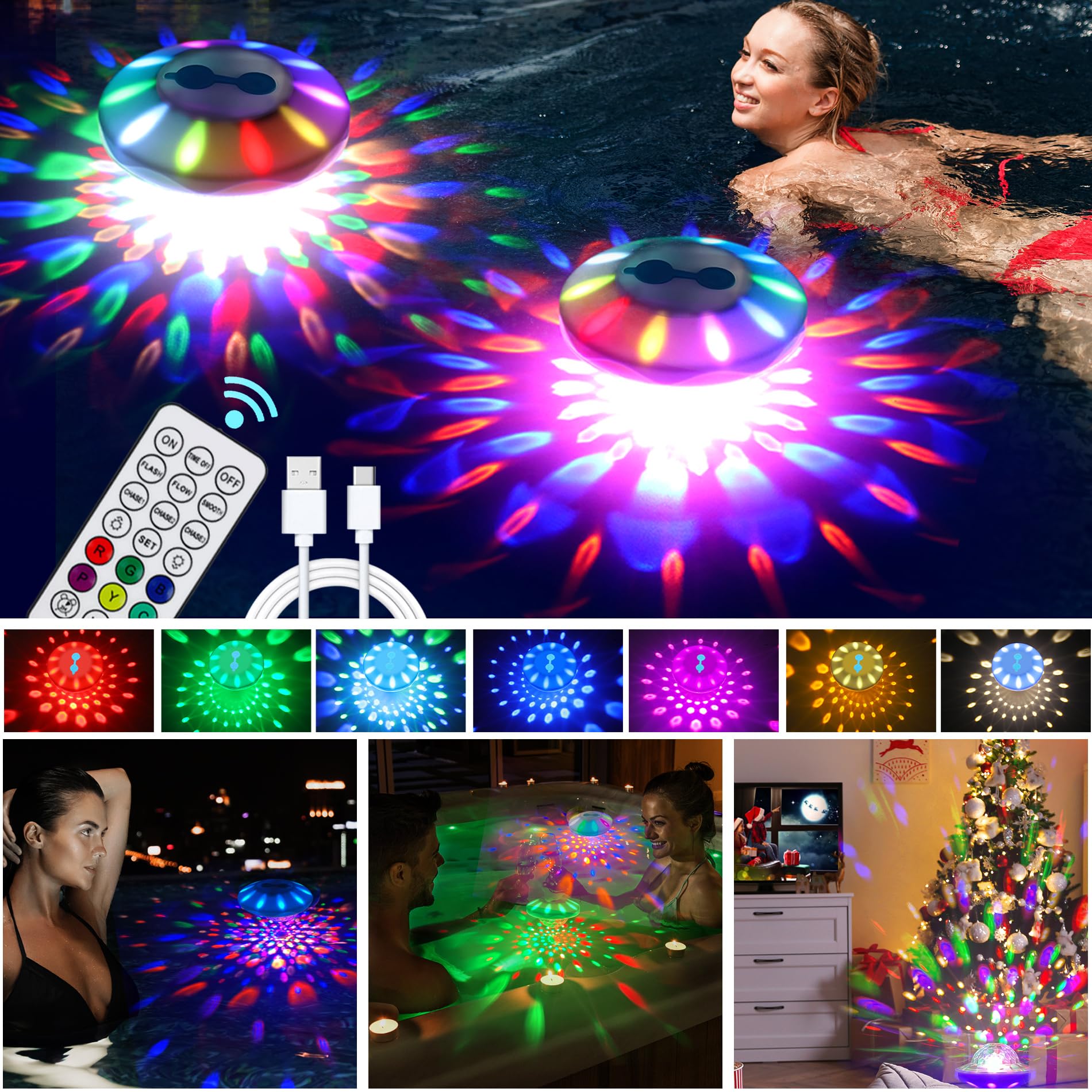 Rechargeable Floating Pool Lights 4-Pack - RGB Colors With Remote, IP68 Waterproof