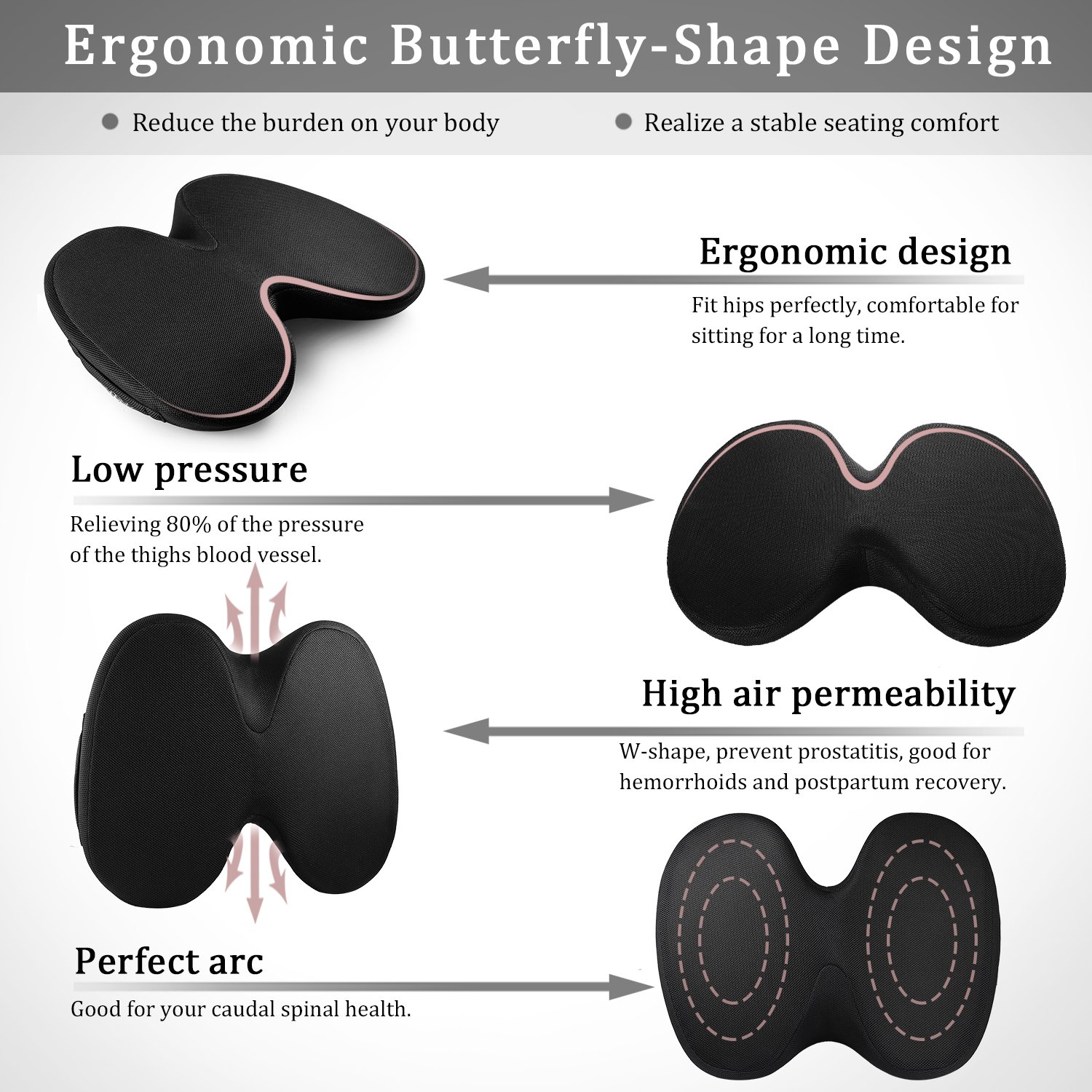 Cojín Ortopedico para Coxis, Cojínes con Espuma Viscoelástica para Silla, Asiento de Coche, Oficina, Silla de Ruedas, Corrige la Postura y Alivia el Dolor de Lumbar, Respaldo y Espalda, Hemorroides