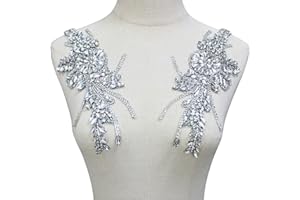 PEARLY JUN 1 Pair Rhinestone Beaded Applique Patches Silver White Handcrafted Clothing Diamond DIY for Evening Dresses Bridal Gowns Dance Costumes Embellishments