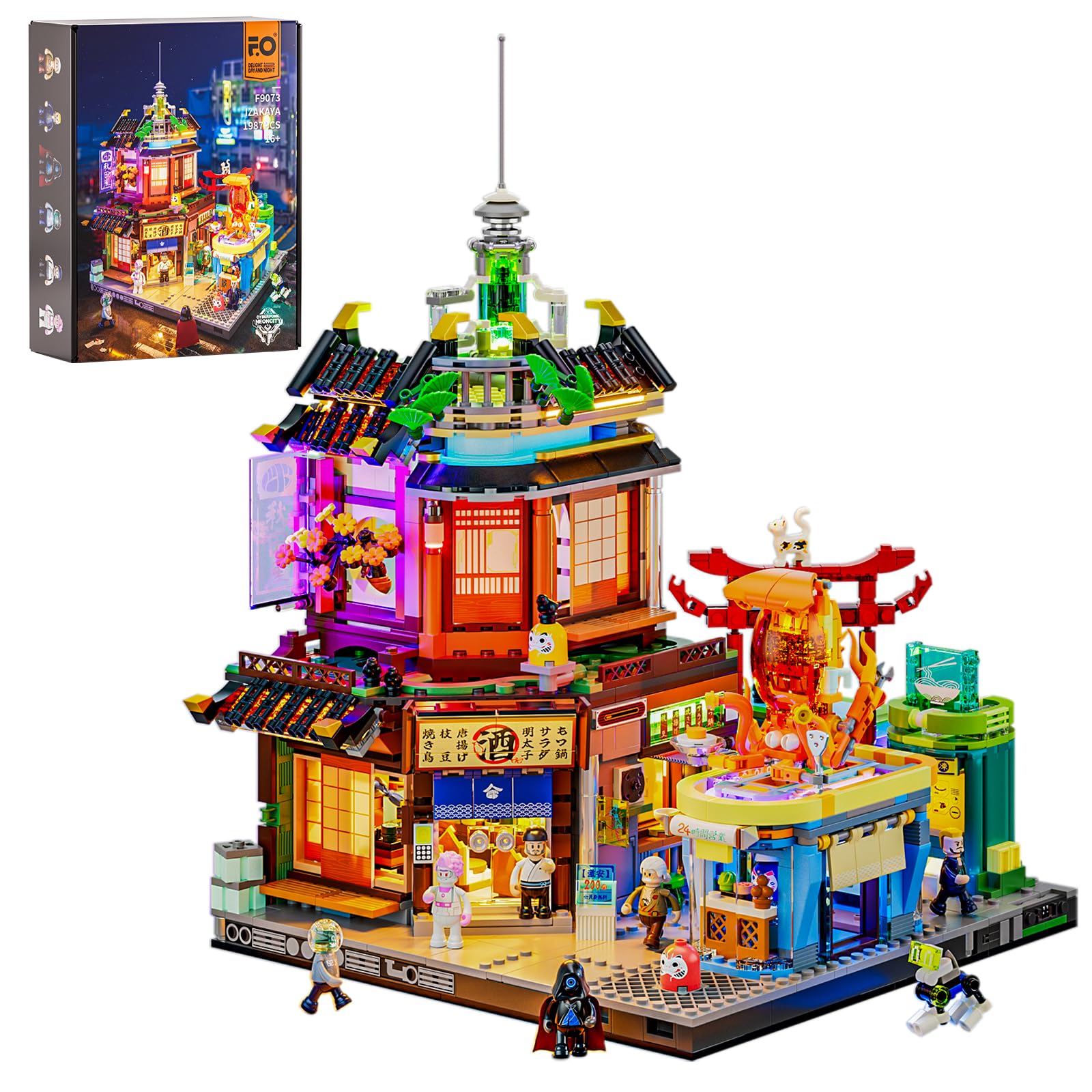 Photo 1 of FUNWHOLE Cyberpunk Japanese-Izakaya Lighting-Building-Bricks Set - Cyberpunk Neon City Future Pub Japanese Street View House Collection LED Light Model Set 1987 Pcs for Adults and Sci-fi Lovers
