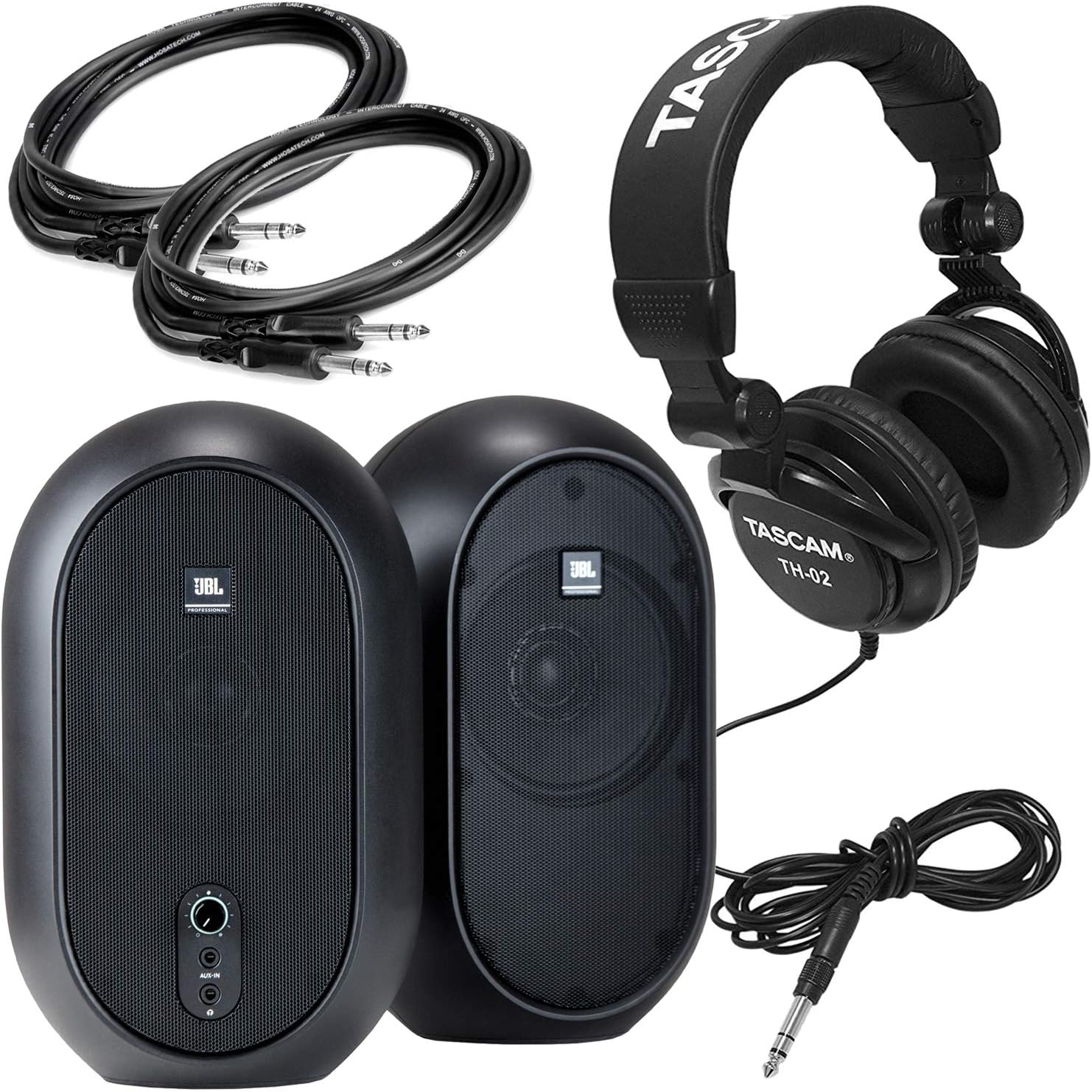 JBL Professional 1 Series 104 Compact Powered Desktop Reference Monitors (sold as pair) Bundle with Tascam Headphones Model TH-02-B plus 2 10ft 1/4in TRS Male to Male Cables