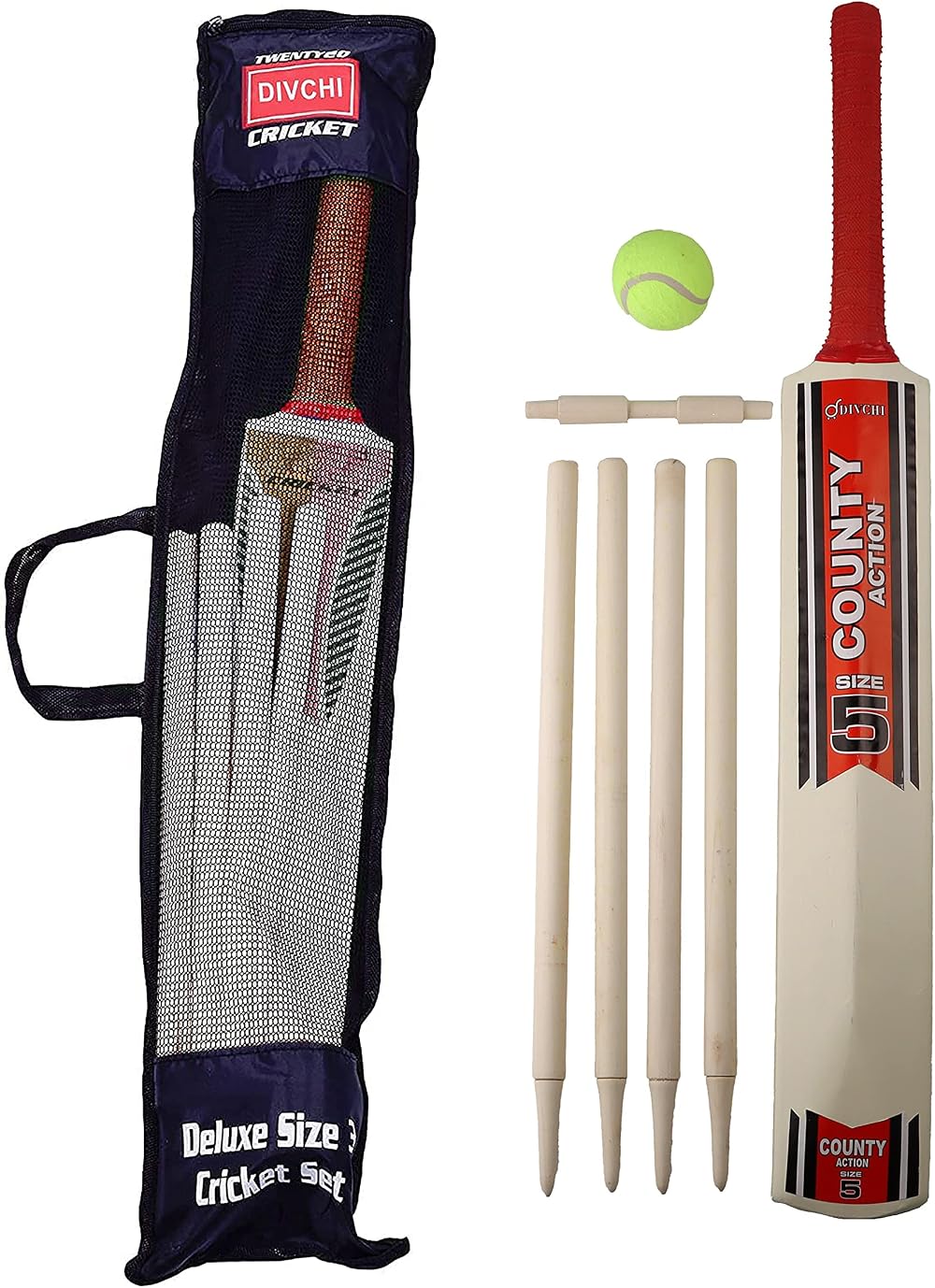 DIVCHI Kids Cricket Set Wooden Bat Stumps Ball in Mesh Bag Size 5 Age 8-12
