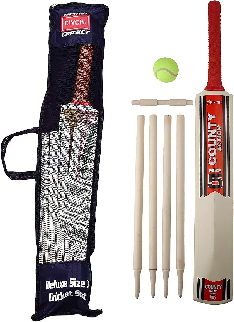 DIVCHI Kids Cricket Set Wooden Bat Stumps Ball in Mesh Bag Size 5 Age 8-12