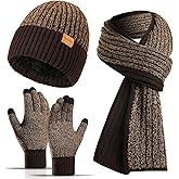 floconssy Men's Winter Hat Scarf Gloves Set, 3 PCS Warm Beanie Long Scarf Fleece Lined Touchscreen Gloves for Cold Weather