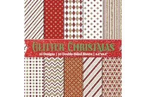 Glitter Christmas Scrapbook Paper Craft Pad: 10 Red & Gold Designs, 20 Double-Side Sheets Printed on 8.5"x8.5" Size With Prem