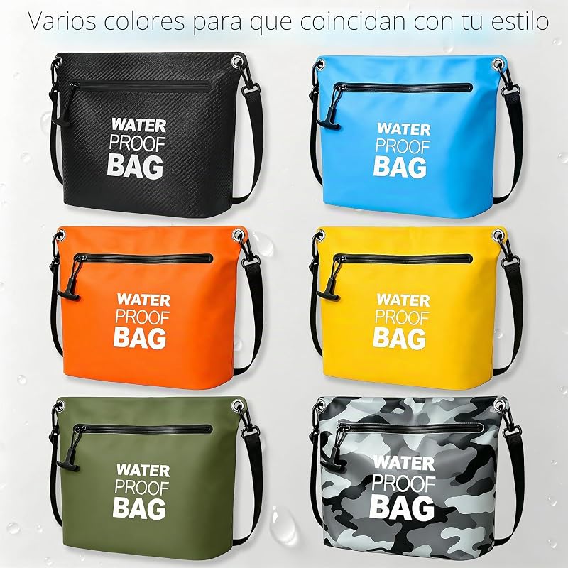 Bolsa Impermeable Bandolera con Cremallera Hermética, Bolsa Dry Bag Ligera con Correa Ajustable para Playa, Natación, Viajes y Uso Diario (Verde Militar)