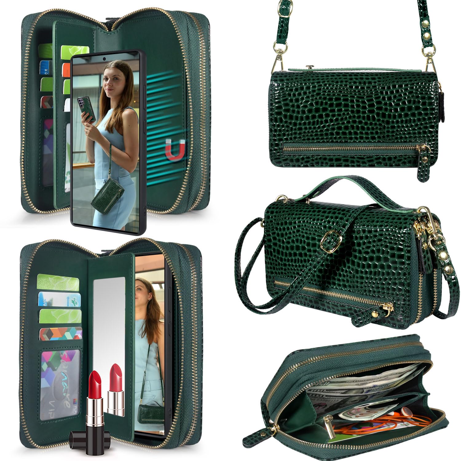 Harryshell Compatible with Samsung Galaxy S25 Ultra Case Wallet Multi Zipper Detachable Removable Cover Purse with Card Slots Holder Mirror Crossbody Wrist Strap for 6.9 inch (Crocodile Teal)