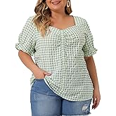 Agnes Orinda Women's Plus Size Gingham Tops 1950s Sweetheart Neck Flounce Sleeve Summer Blouse Top