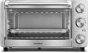 COMFEE' Toaster Oven, 4 Slice, 12L, Multi-function Stainless Steel Finish with Timer-Toast-Bake-Broil-Bagel-Warm Settings, 1100W, Perfect for Countertop (CFO-BG12(SS)) (Renewed)