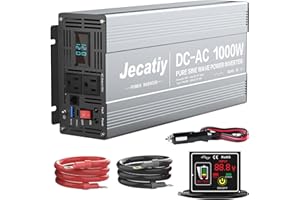 Jecatiy 1000 Watt Pure Sine Wave Power Inverter DC 12V to 110V/120V AC Converter with 2 AC,18W USB, and 30W Type-C Charging Ports, Car Solar Power Inverters with LCD Display for Home RV Truck