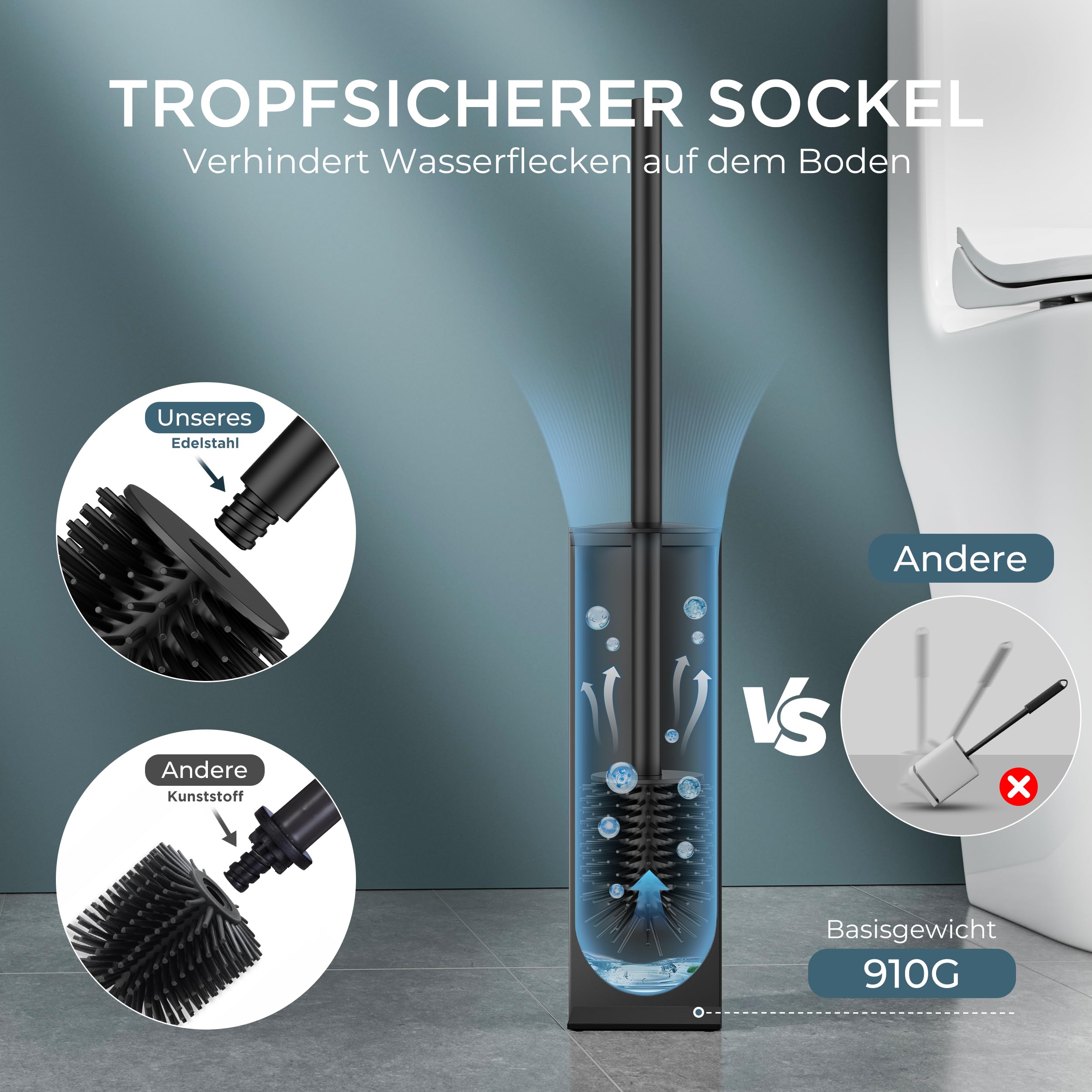 FORIOUS Silikon Toilettenbürste aus Edelstahl, 50 cm Extra Langer Griff, Anti-Spritz Design, Inkl. Ersatzkopf & Abnehmbarem Innenbecher – Saubere, Hygienische WC Bürste/Klobürste Schwarz für Bad 3