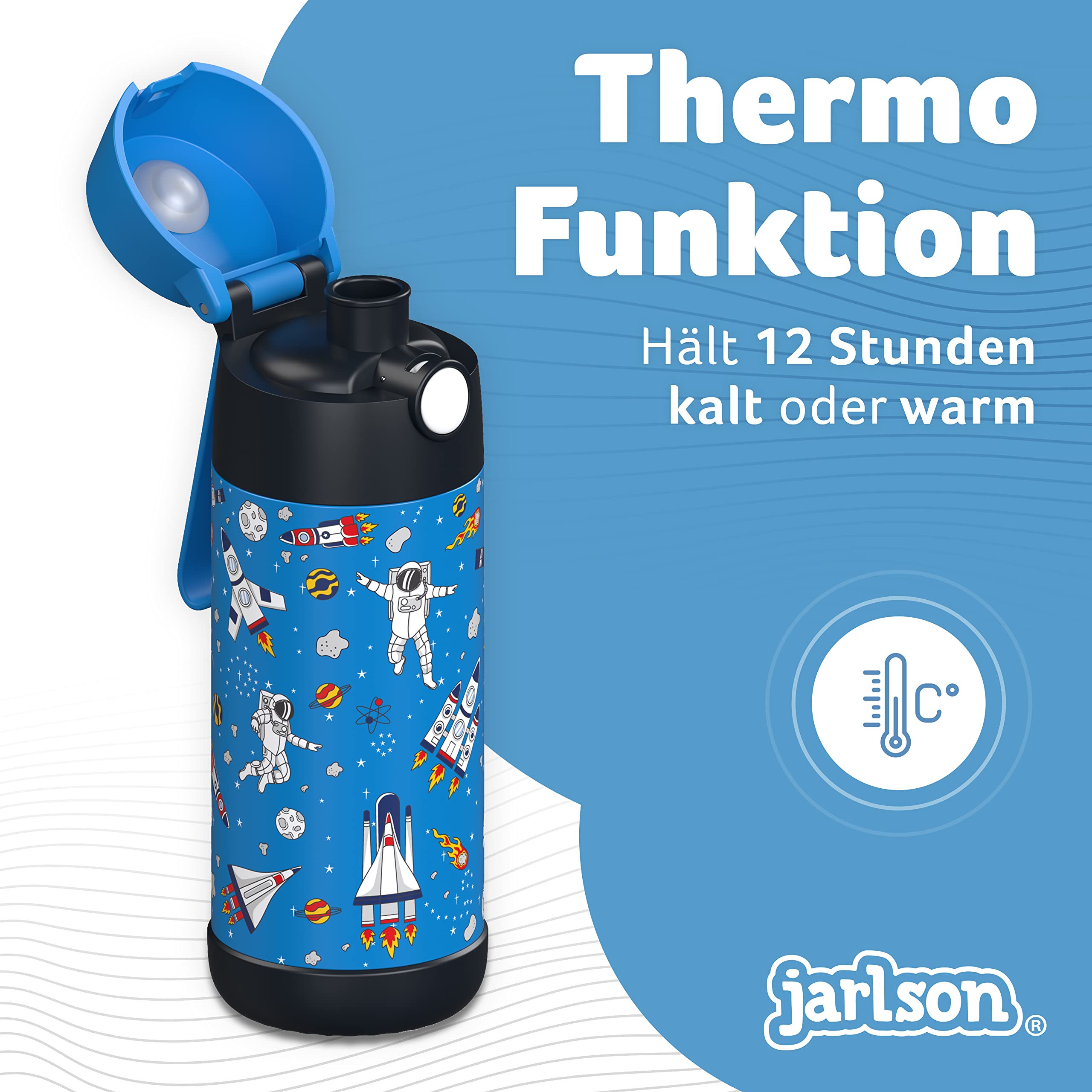 Jarlson® Trinkflasche Kinder Edelstahl MALI [THERMOSFLASCHE] - Kindertrinkflasche Auslaufsicher - Thermoskanne Kohlensäure geeignet - Thermo Trink Flasche für Schule & Kindergarten (350ml, Weltall) 2