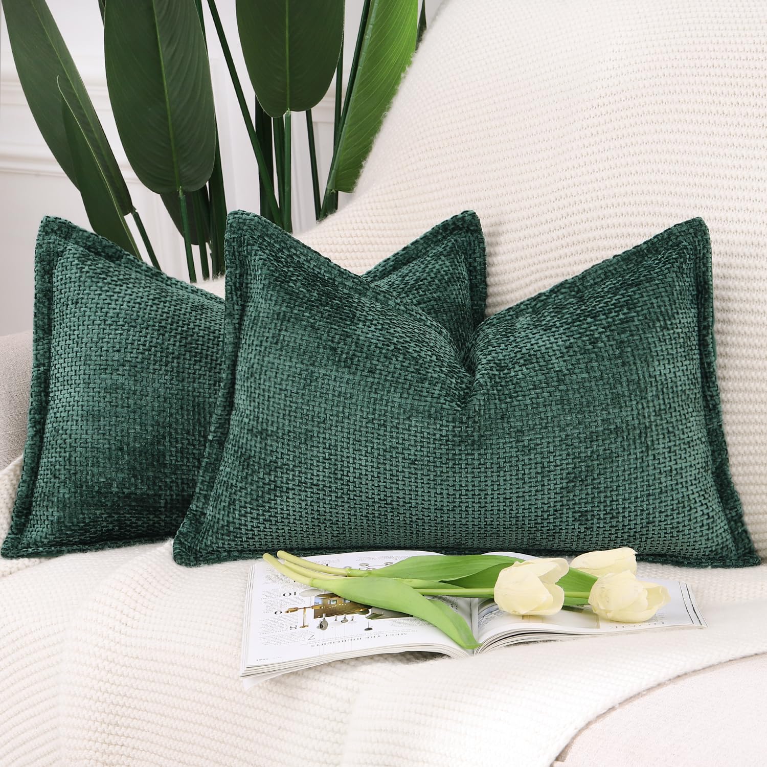 Madizz Set of 2 Chenille Velvet Cushion Covers with Flange Soft Boho Textured Throw Pillow Covers Broadside Pillowcases Modern Farmhouse Home Decor for Sofa Bedroom Dark Green 12x20 inch, 30x50 cm