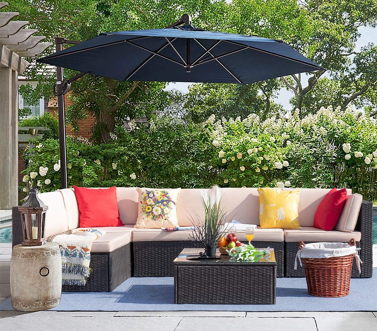 Amazon Com Furniwell 6 Piece Outdoor Sectional Furniture Set All Weather Modern Patio Furniture Sets Pe Rattan Manual Wicker Conversation Set With Cushion And Glass Tabl For Lawn Backyard Poolside Beige Garden