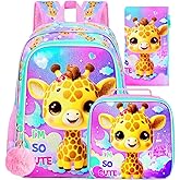 HPJGD 3PCS Girls Giraffe Bookbag, Water Resistant Kids Backpack Set with Lunch Box, Cute School Bag for Preschool Toddler