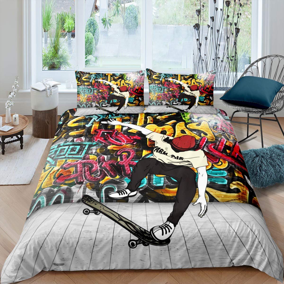 Boys Skateboard Comforter Cover Colorful Graffiti Style Bedding Set for Kids Girls Teens Decor Extreme Sports Skate Board Duvet Cover Hip Hop Street Culture 2Pcs Zipper Single Size