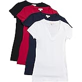 4 Pack Zenana Women's Basic V-Neck T-Shirts Large Black, White, Navy, Red