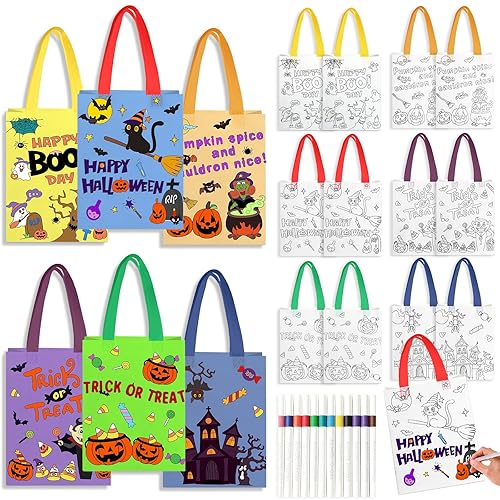 Zealor 12 Pack Halloween Bags with Handle for Trick or Treat Reusable Non-Woven Halloween Tote Bags Watercolor Pens DIY Color Your Own Craft Project for Collecting Candy School Party Favor Gift Goodie