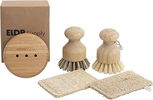 Zero Waste Dish Cleaning Starter Kit, Two Biodegradable Pot and Dish Brushes, Two Natural Loofah Sponges, Bamboo Soap Tray. Kitchen Set for Plates, Fruits, Vegetables, and Cast Iron Cookware