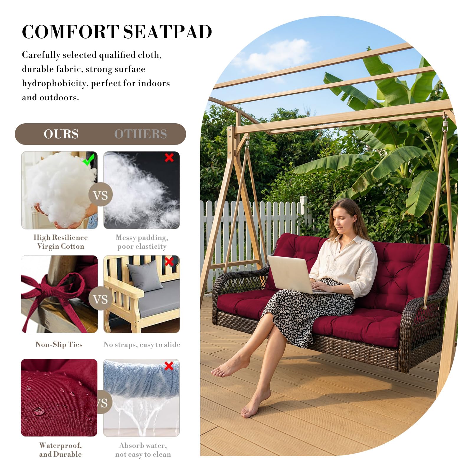 Condition photo showing New/Like New for outdoor/indoor swing replacement cushion, 2 or 3 seats bench cushions with backrest, thicken 4" recl