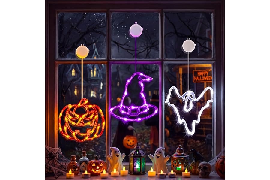 Minetom 3 Pack Halloween Windows Lights - Pumpkin, Ghost, Hat with Timer | Battery Operated Halloween Lights with Firm Suction Cup, Halloween Decorations for Windows, Doors, Balconies, Wardrobes