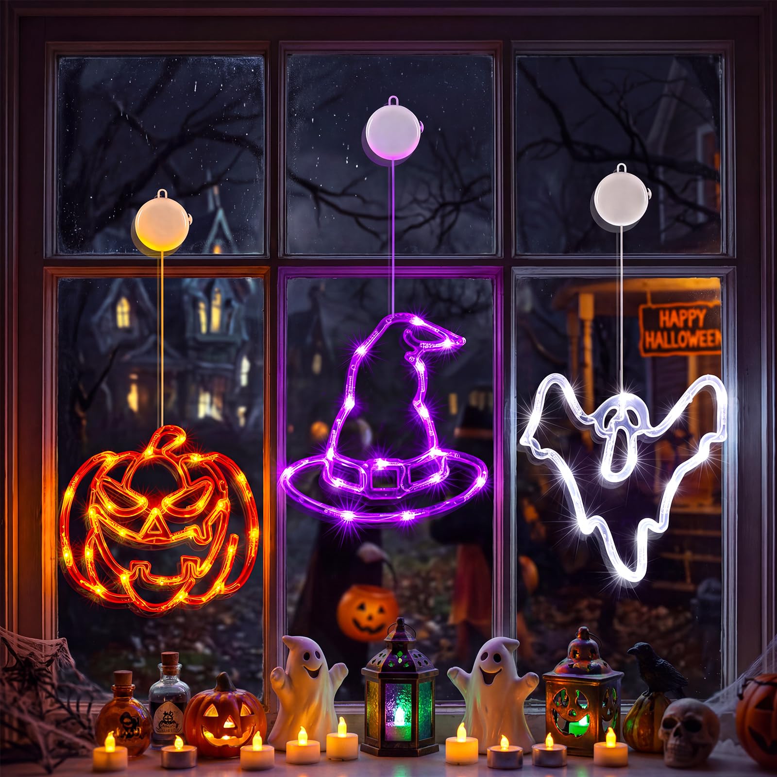 Minetom 3 Pack Halloween Windows Lights - Pumpkin, Ghost, Hat with Timer | Battery Operated Halloween Lights with Firm Suctio