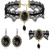 Gothic Choker Necklace Halloween Jewelry Set for Women, Red/Black Choker Goth Lace Witch Costume Jewelry, Witchy Vampire Masquerade Steampunk Victorian Lolita Renaissance Costume Accessories for Woman