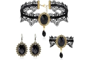 HISATAN Gothic Choker Necklace Halloween Jewelry Set for Women, Red/Black Choker Goth Lace Witch Costume Jewelry, Witchy Vampire Masquerade Steampunk Victorian Lolita Renaissance Costume Accessories for Woman